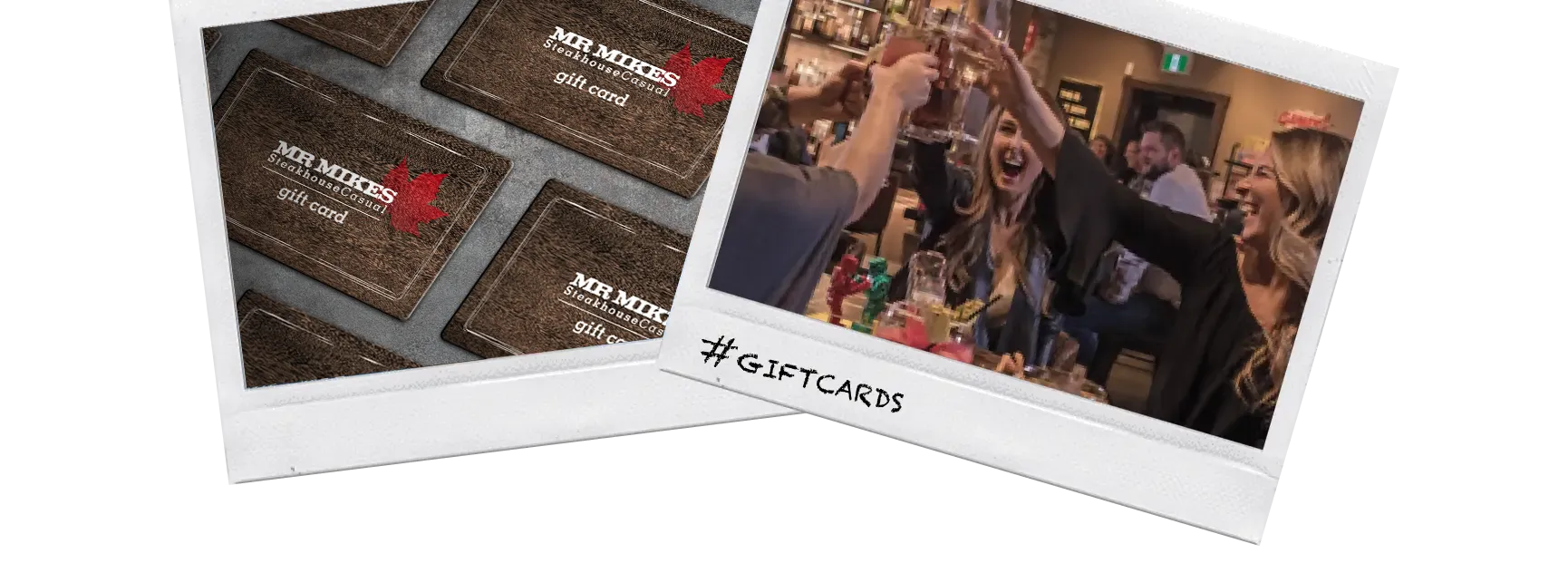 MR MIKES gift cards with celebratory group photo and #GiftCards hashtag